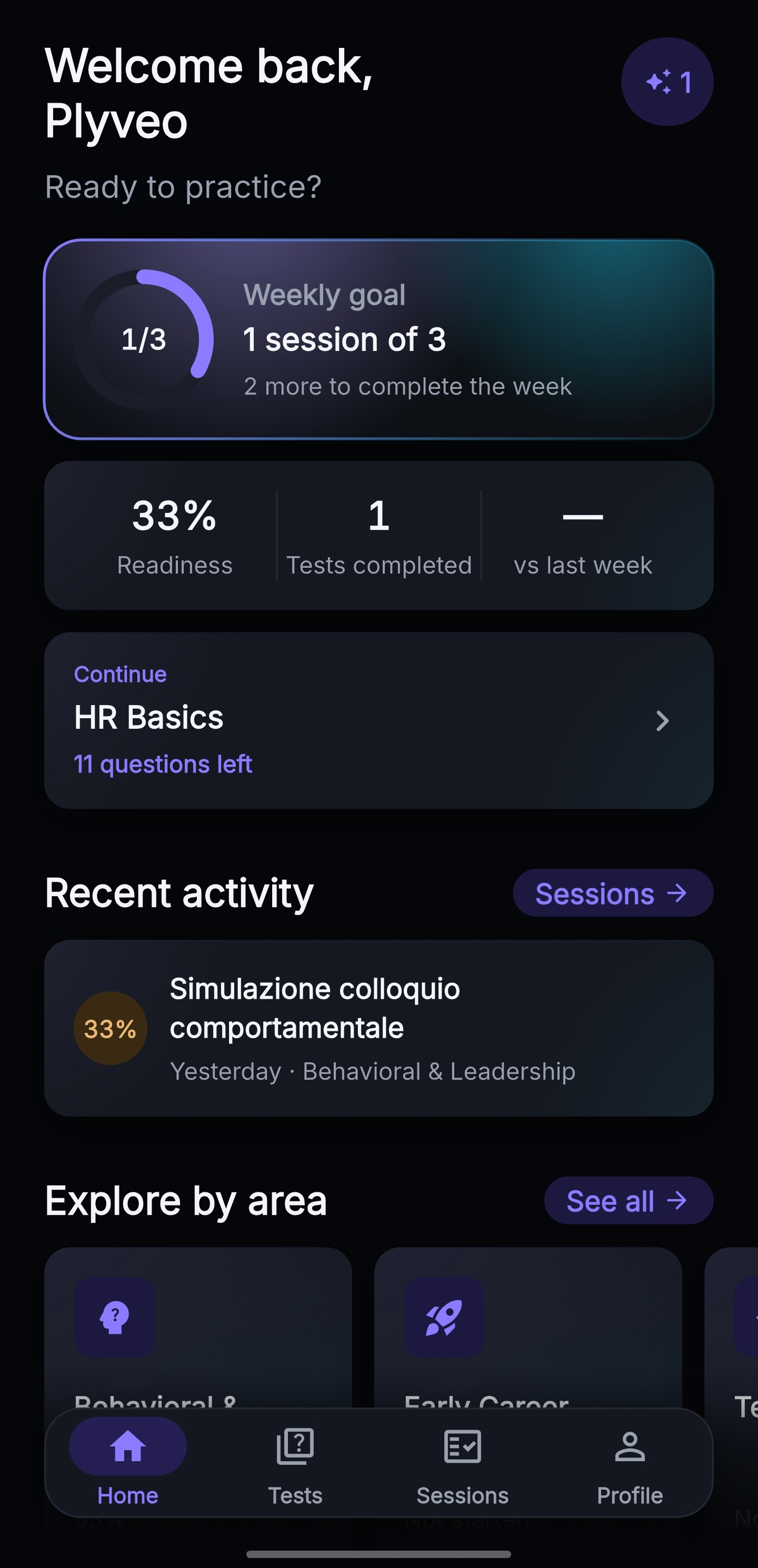 Plyveo Home screen with greeting, readiness and the practice in progress