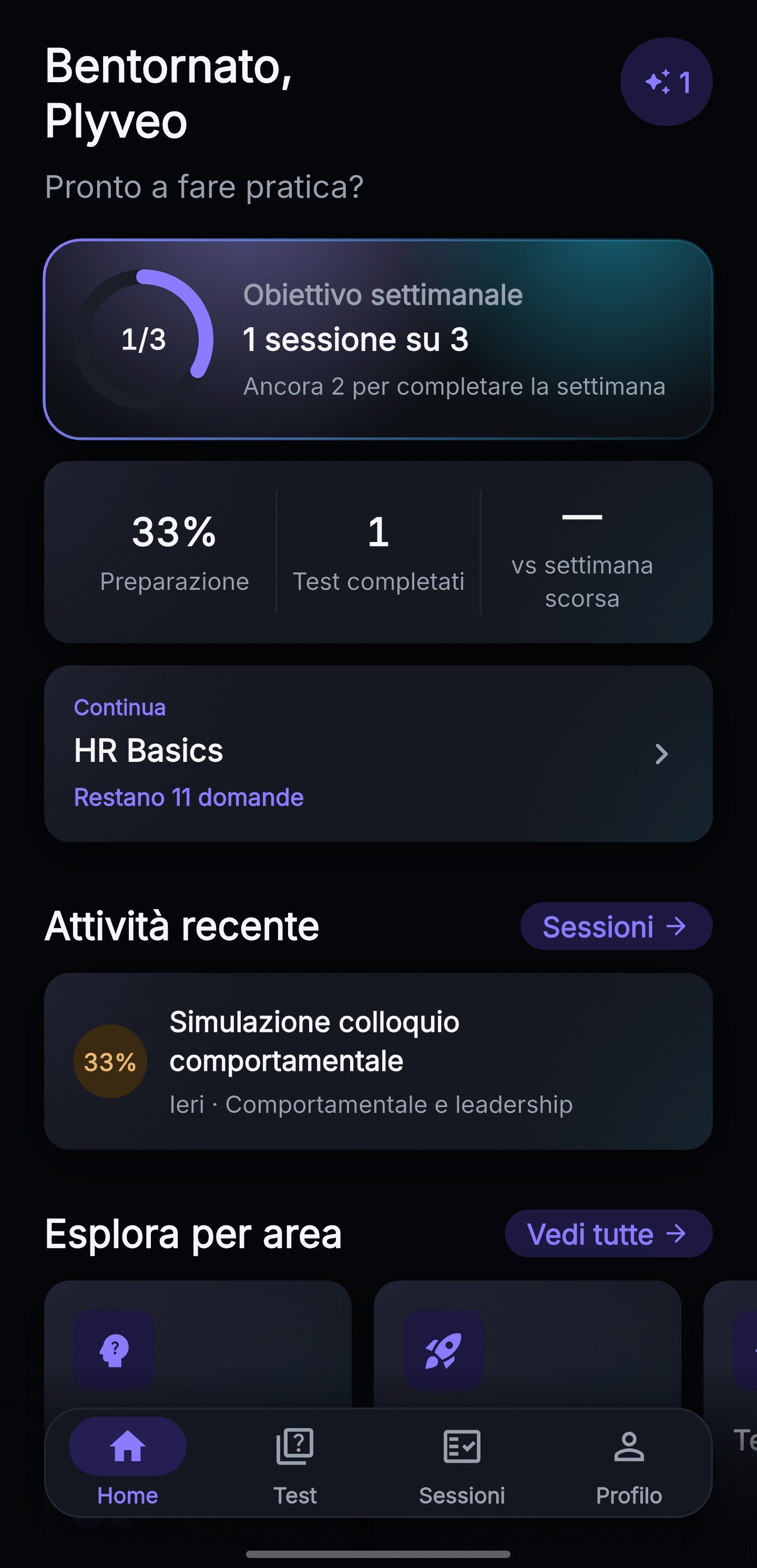 Schermata Home di Plyveo con il saluto, la prontezza e il test in corso