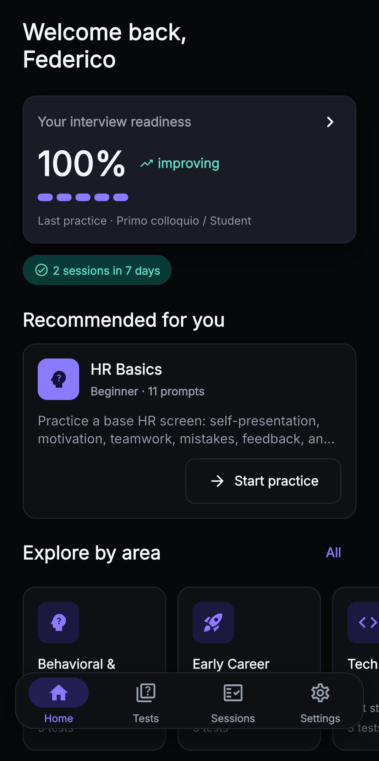 Plyveo Home screen with greeting, readiness and the recommended test