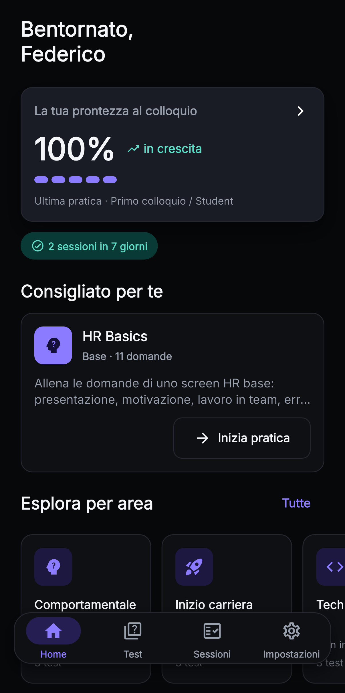 Schermata Home di Plyveo con il saluto, la prontezza e il test consigliato