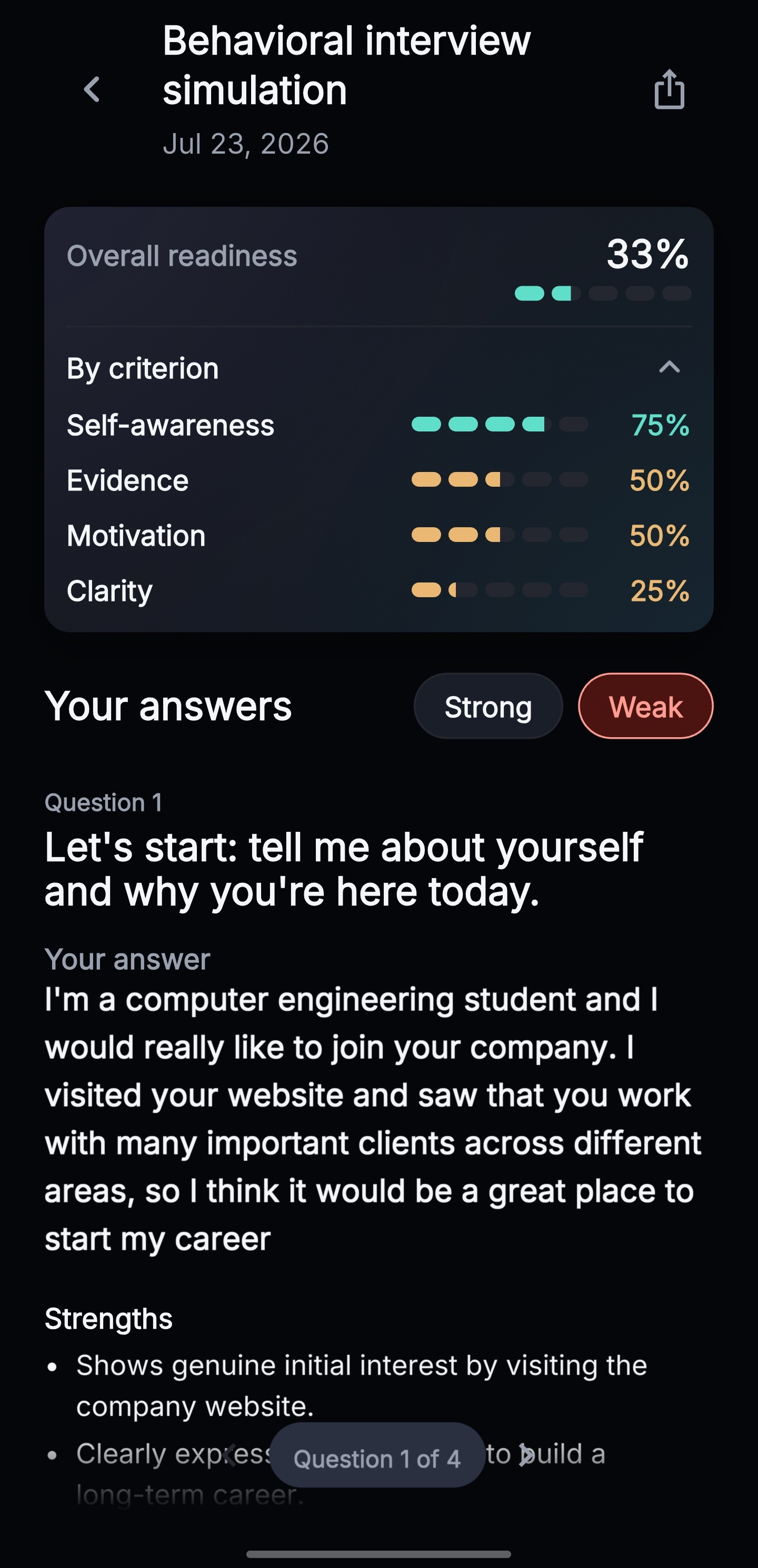 Session summary showing per-criterion scores and an answer to improve