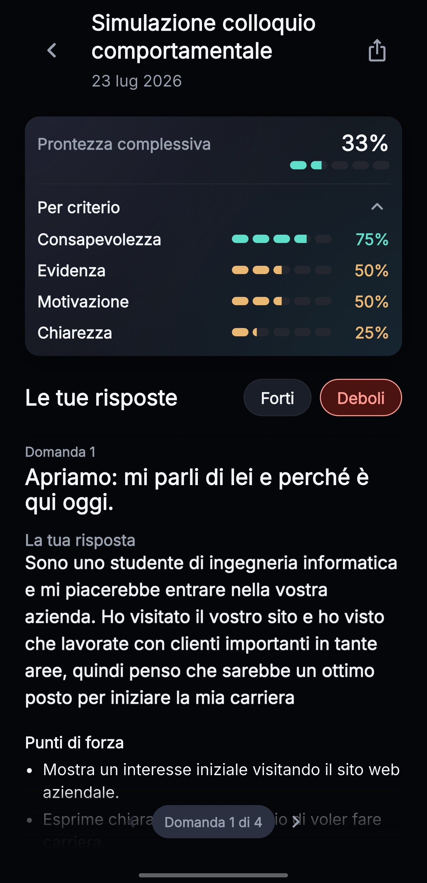 Riepilogo di una sessione con i punteggi per criterio e una risposta da migliorare