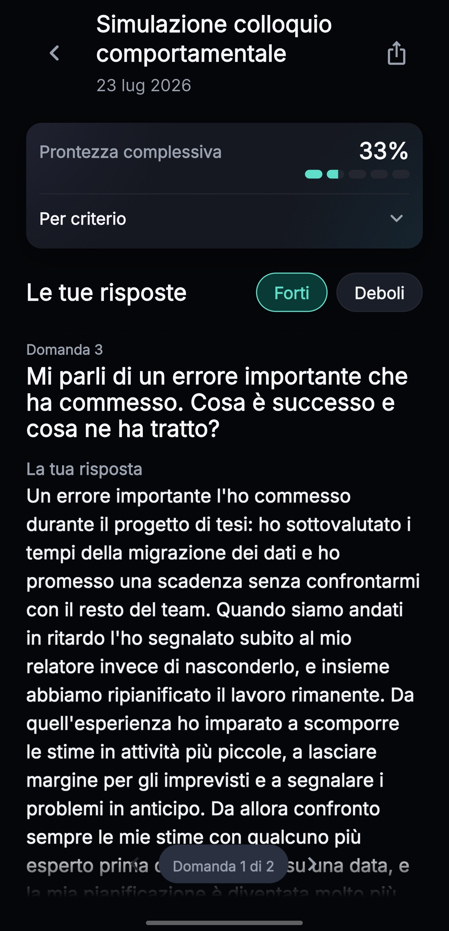 Riepilogo di una sessione con prontezza complessiva e una risposta valutata