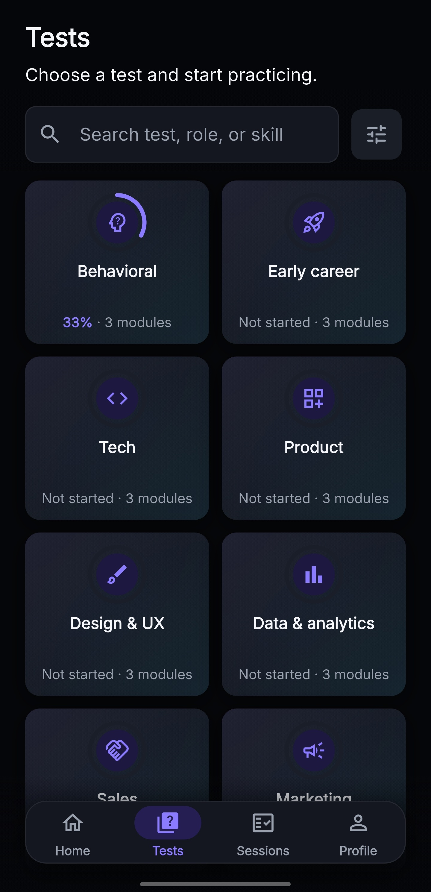 Plyveo Tests catalog with professional areas and the filter action
