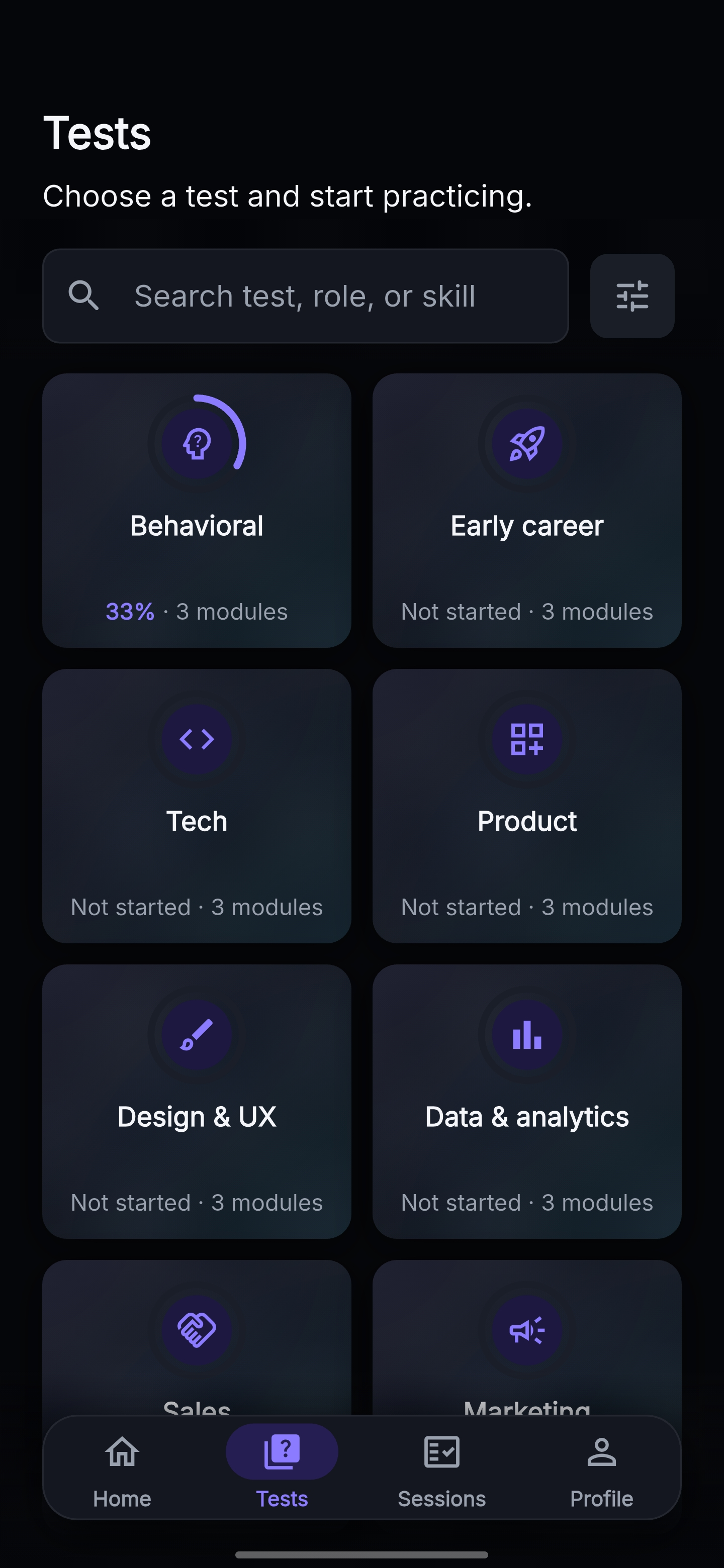Plyveo Tests catalog with professional areas and the filter action