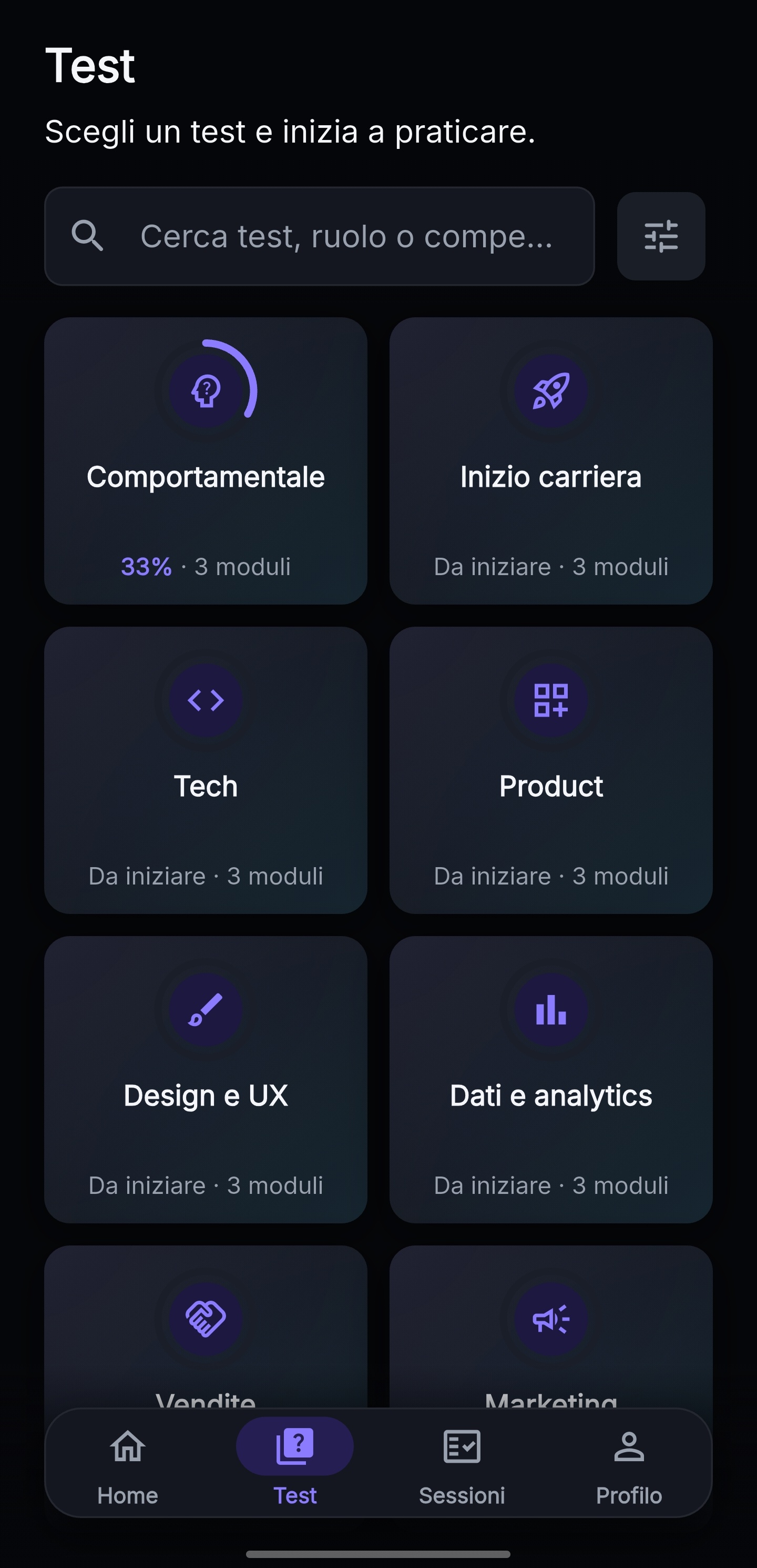 Catalogo Test di Plyveo con le aree professionali e il pulsante dei filtri
